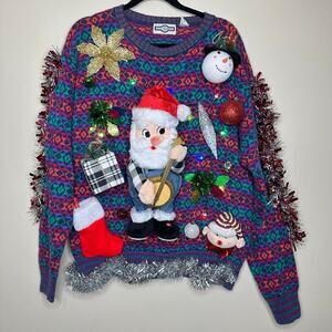 Ugly Christmas Sweater Singing Santa LIGHTS UP Tinsel Party Winner Size Large